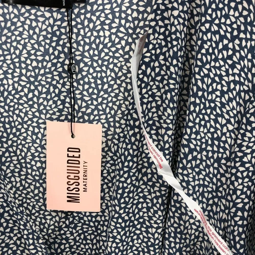 Missguided Maternity Blue Mini Heart Print Ruffle Surplice Deep V Mini Dress NWT - Picture 5 of 14